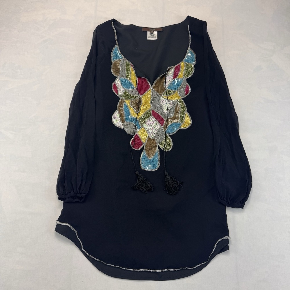 VTG Single Brand XS Black 100% Silk Sequin Beaded Boho Party Tunic Blouse